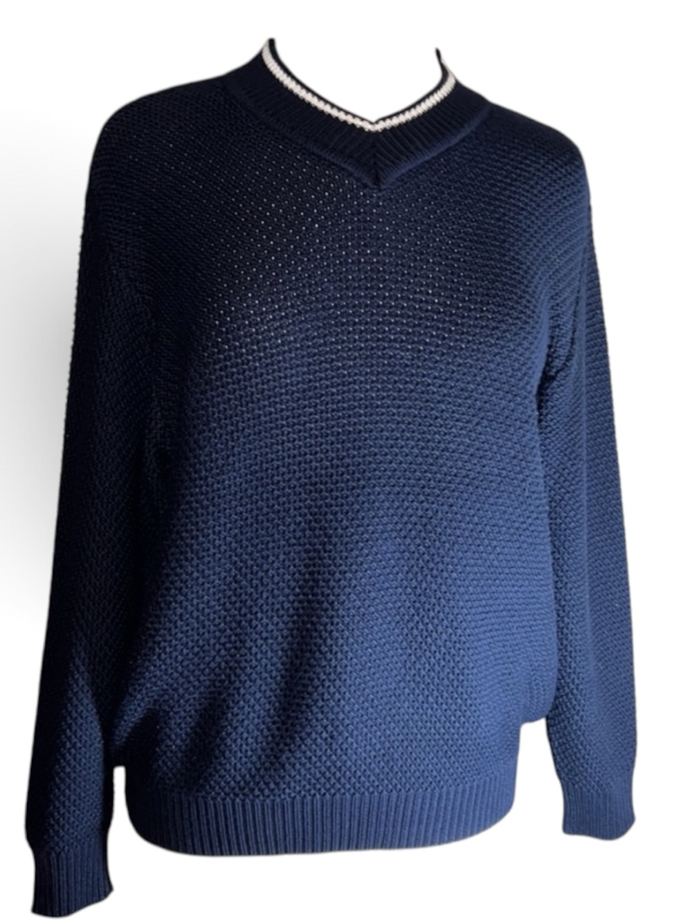 Bogner Women’s Navy V-Neck Knit Sweater White Stripe Trim Size 10